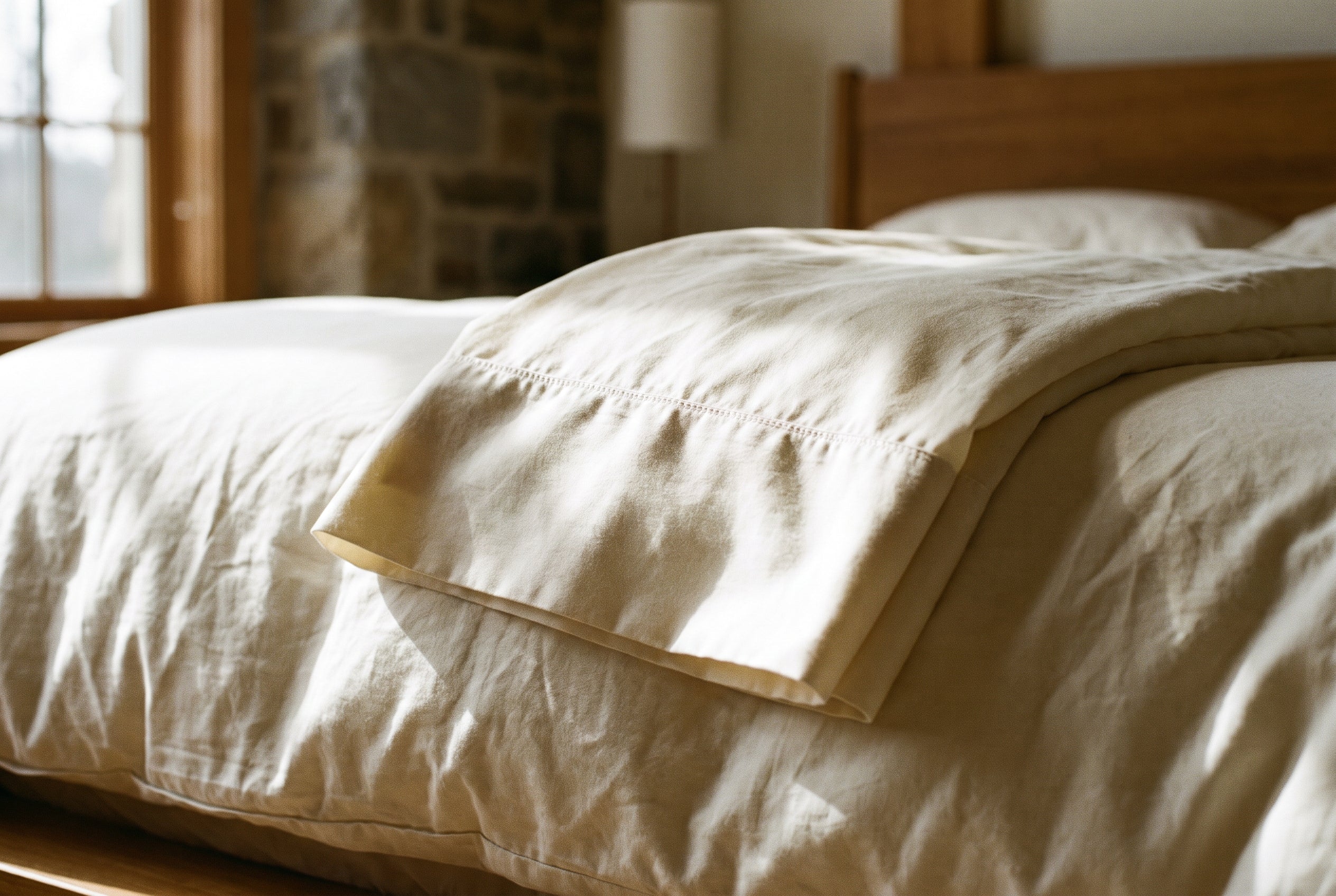 The hem of the organic cotton flat sheet folded back in a cuff