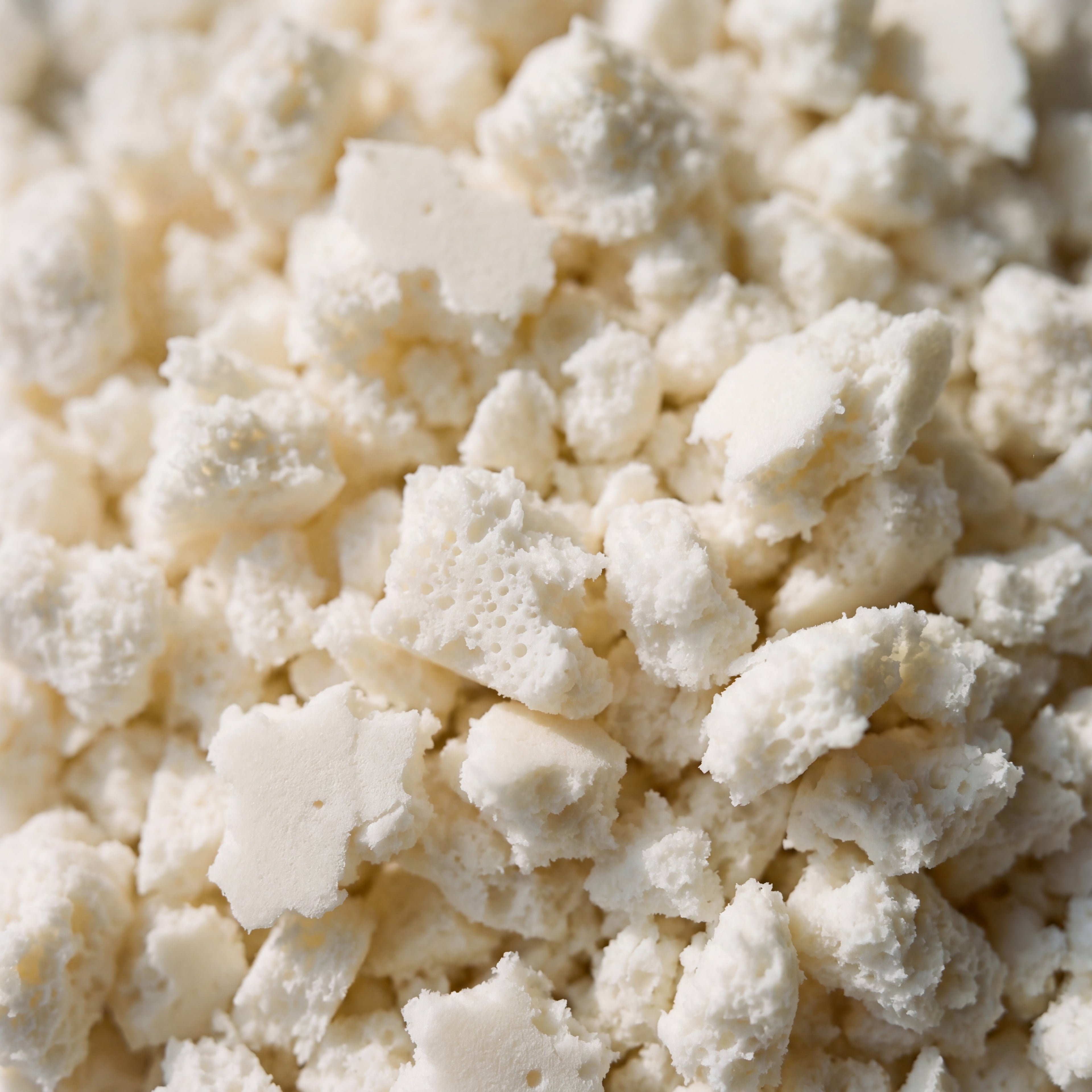 Macro view of shredded Talalay natural latex with visible open-cell structure, OEKO-TEX certified, breathable