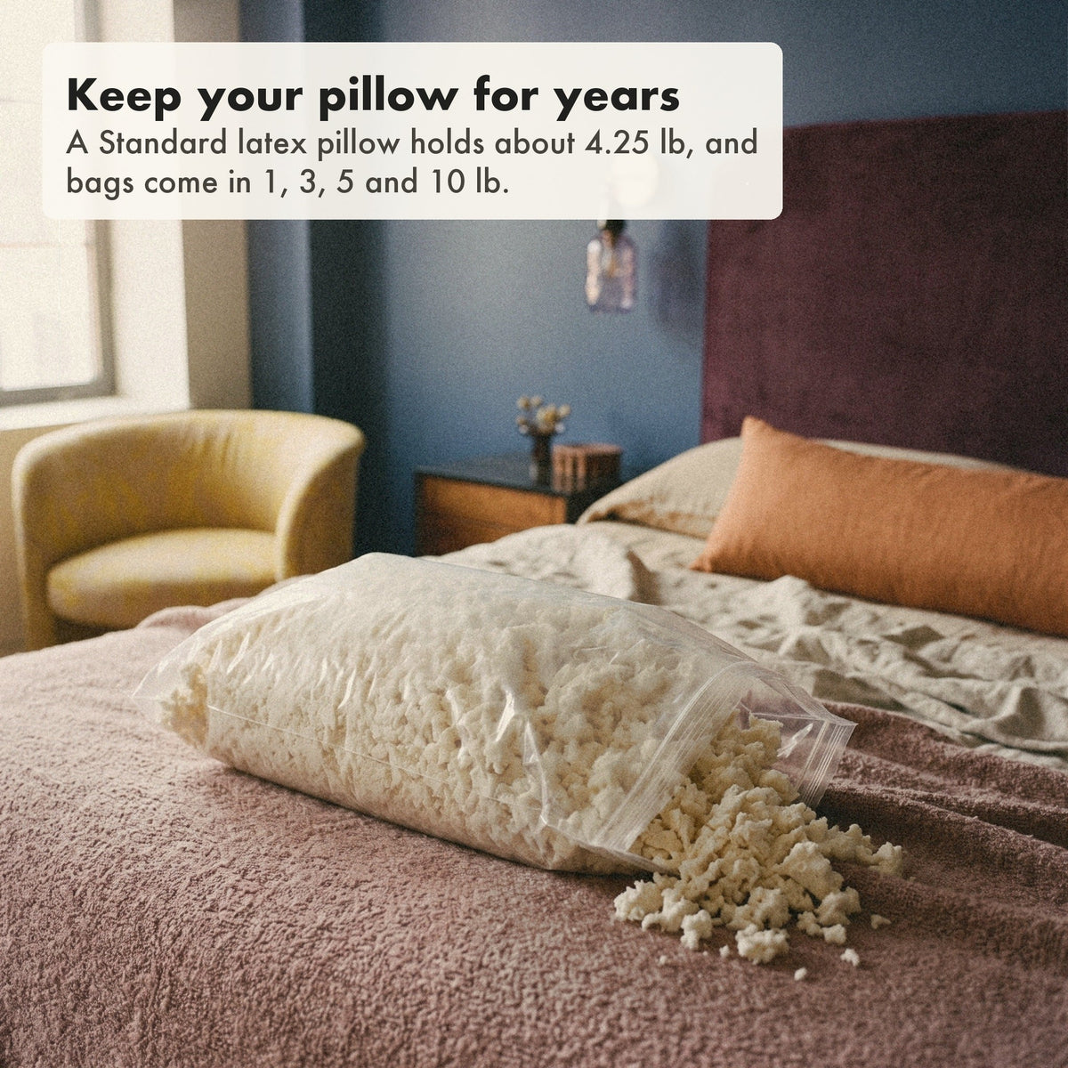 A clear bag of shredded Tree-Tapped Latex refill lying open on a bed in a navy bedroom, soft airy pieces of latex tumbling out, labelled: a Standard latex pillow holds about 4.25 lb, bags of 1, 3, 5 and 10 lb.