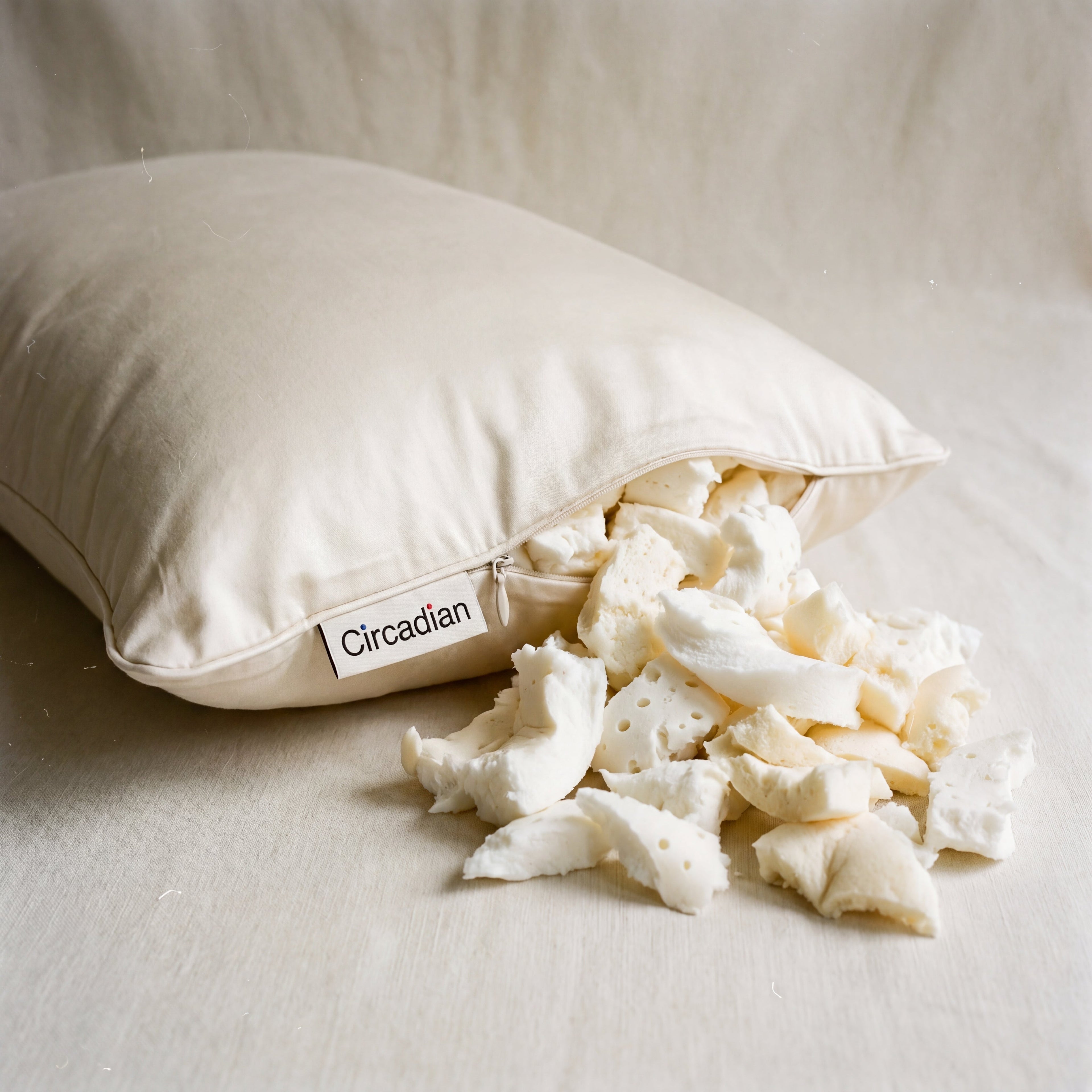 Circadian Tree-Tapped Latex Pillow with cream cotton cover, shredded Talalay latex pieces spilling from open side zipper