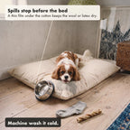 A tipped water bowl on the waterproof dog bed cover. The spill soaks into the cotton and the bed stays dry.