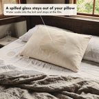 A damp patch where a glass of water soaked into the waterproof organic cotton pillow protector, labelled: a spilled glass stays out of your pillow, water soaks into the knit and stops at the film.