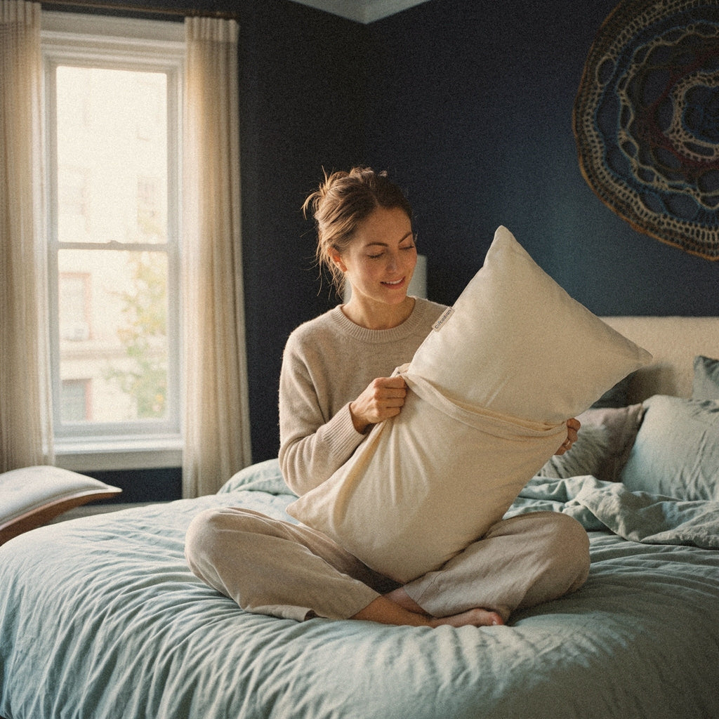 A woman sitting on her bed slides a pillow into the waterproof organic cotton pillow protector through its short end.