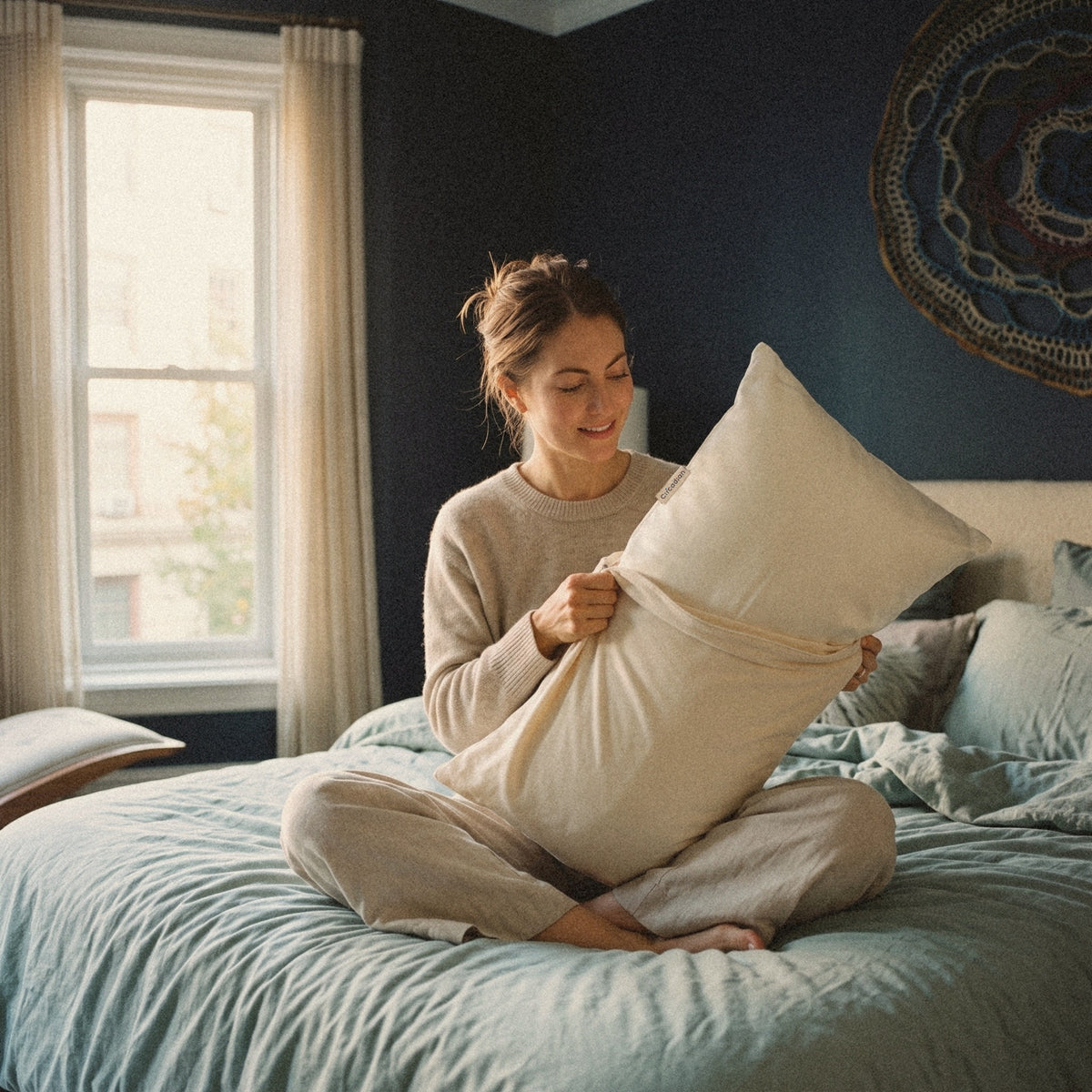 A woman sitting on her bed slides a pillow into the waterproof organic cotton pillow protector through its short end.