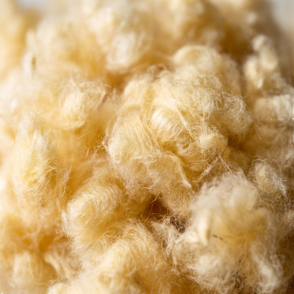 Macro view of pure wild-harvested kapok fiber, silky pale-yellow plant-based down alternative, hypoallergenic