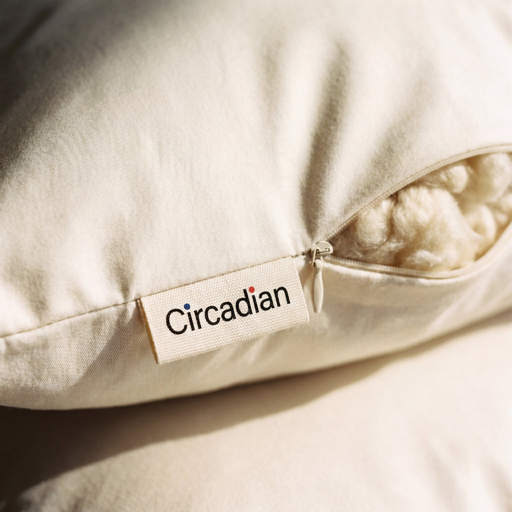 Concealed zipper and woven Circadian tag detail on the Wild-Harvested Kapok Pillow's organic cotton sateen cover