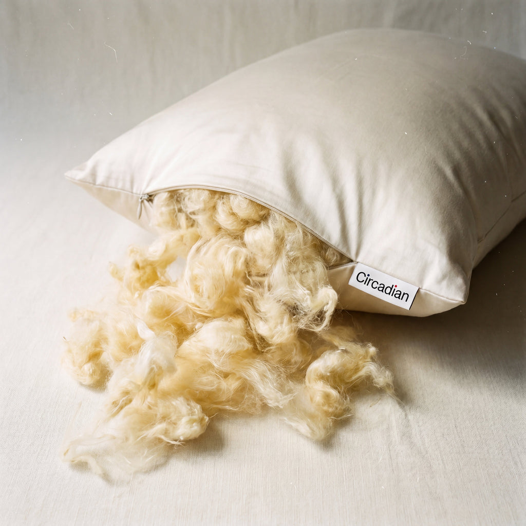 Circadian Wild-Harvested Kapok Pillow with cream cotton cover, silky pale-yellow kapok fiber spilling from open zipper