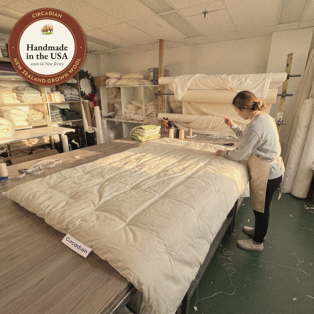 In the New Jersey workshop where it is made, a worker ties the tufts of an Organic Wool Comforter by hand, shown with our Handmade in the USA seal.