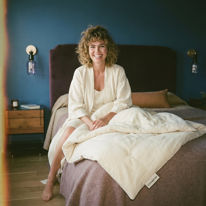 Circadian Organic Wool Duvet on a bed, hand-tufted GOTS-certified organic wool fill with corner-loop tufts, handmade in New Jersey