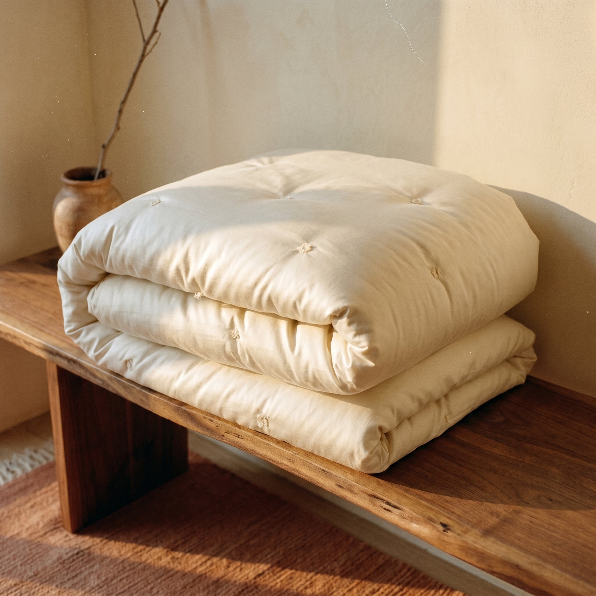 Organic wool duvet folded on a surface showing the loft and weight of the wool fill