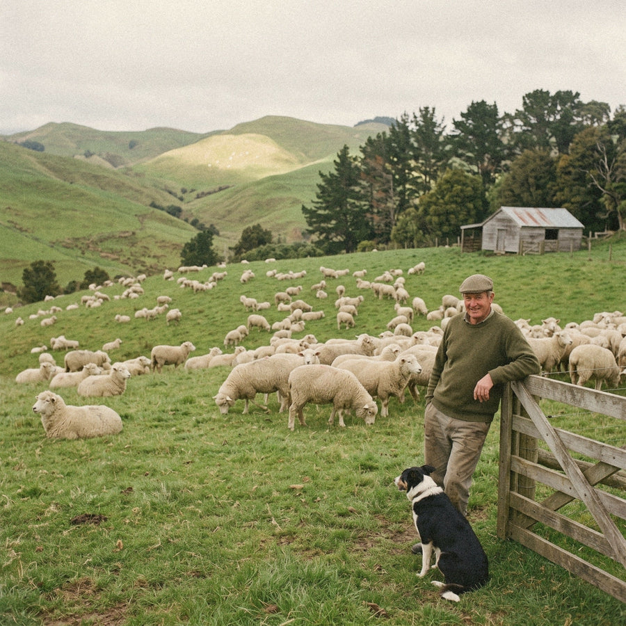A farmer leans on a gate watching a calm flock of sheep graze a green hillside on a New Zealand farm, a sheepdog at his feet.