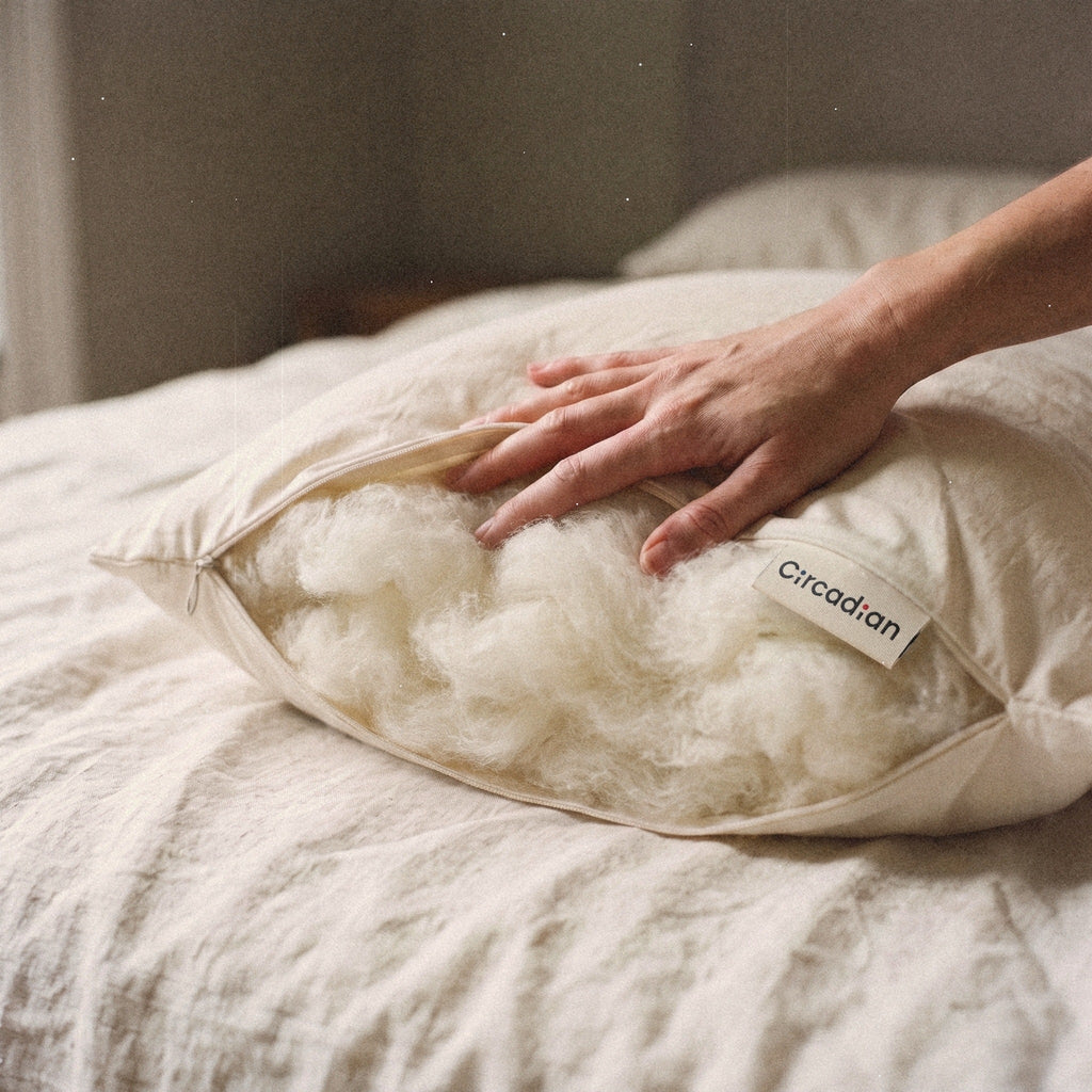 A hand presses into the soft, airy wool at the open end of the Organic Wool Pillow.