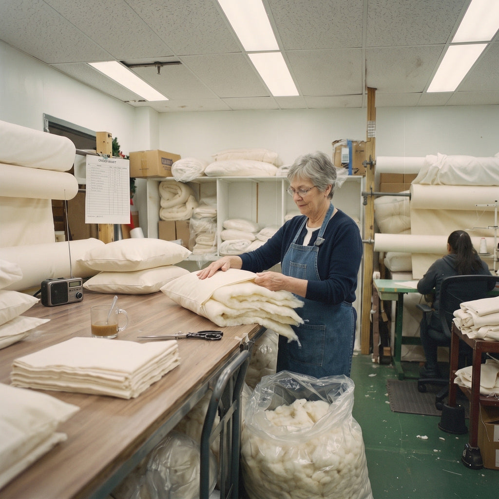 A woman in our New Jersey workshop slides soft layers of carded wool batting into an organic cotton pillow cover by hand.