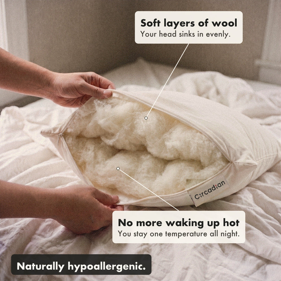 Hands open the zipper of the Organic Wool Pillow to show soft layers of wool inside, with labels: soft layers of wool so your head sinks in evenly, no more waking up hot, naturally hypoallergenic.