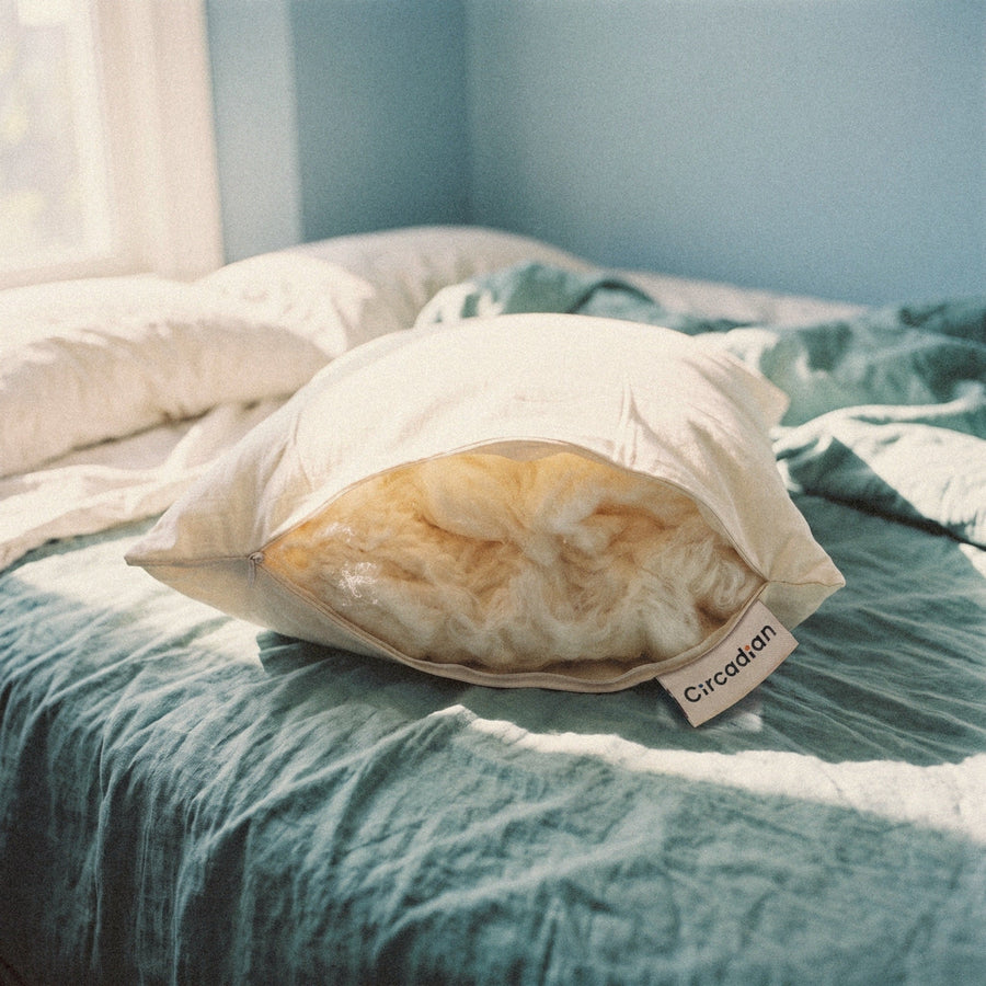 A Circadian Organic Wool Pillow on a teal blanket in morning sun, its end unzipped to show soft layers of wool batting inside.