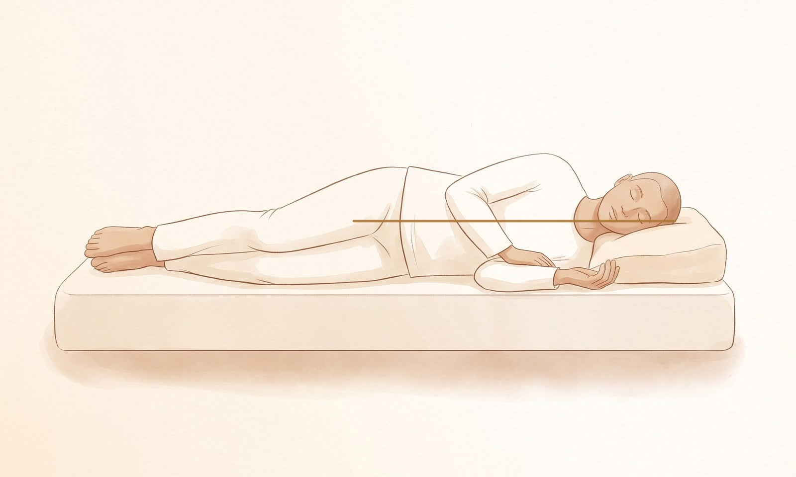 Lying on your side, a full pillow fills the gap so the ear sits over the shoulder in one straight line